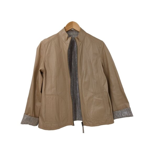 Chicos Reversible Leather Jacket Size 1 M Tan Silver Metallic Travel Full Zip - Picture 1 of 11